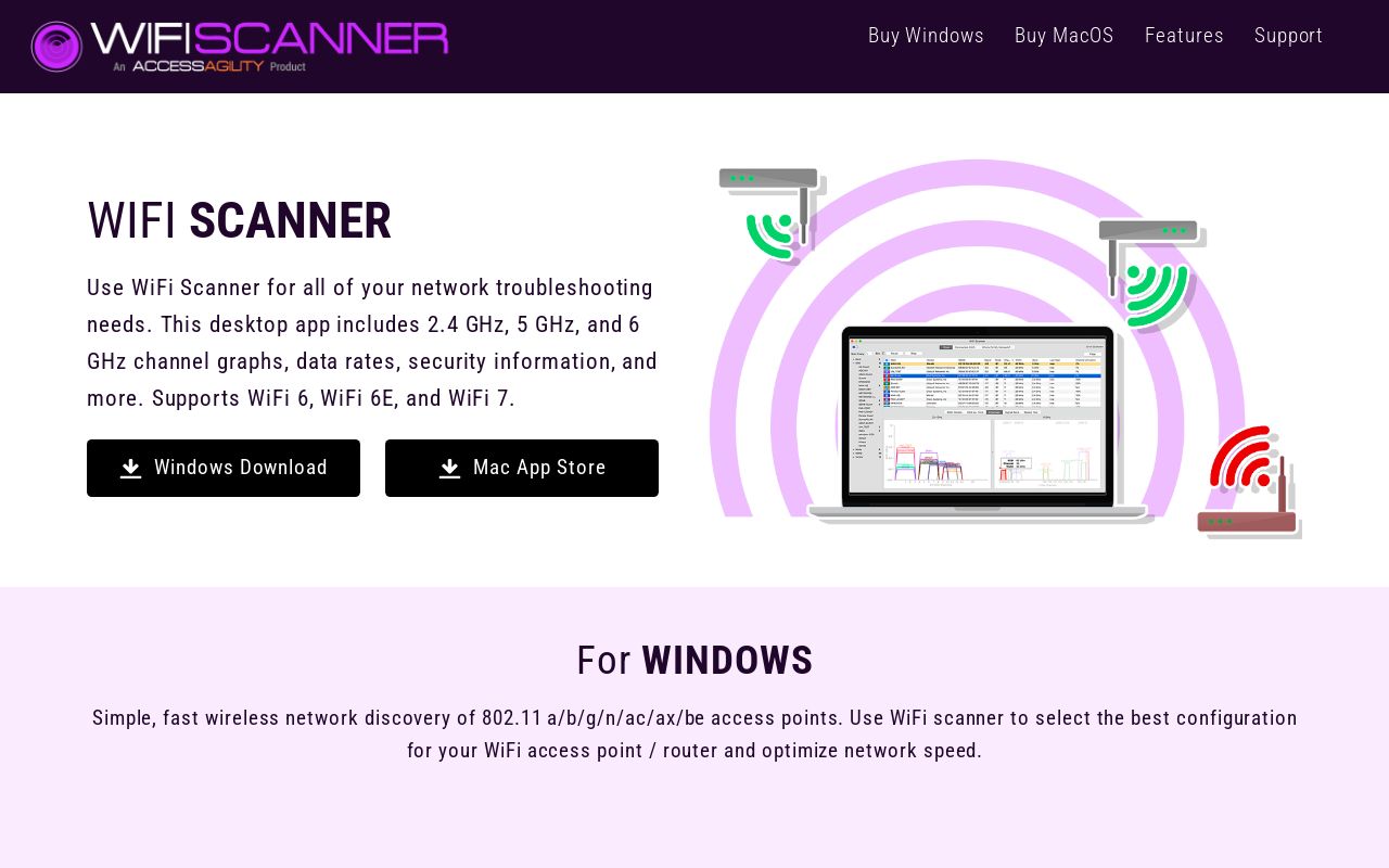 WiFi Scanner for Windows and Mac OS 2.4 GHz, 5 GHz, and 6 GHZ / 6E